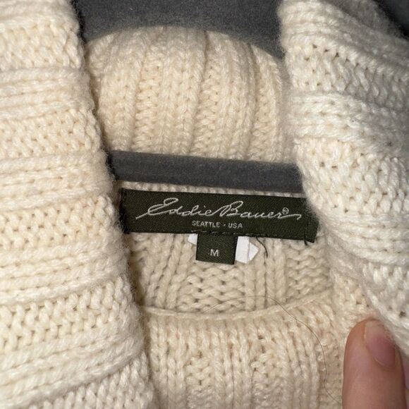Eddie Bauer Women's Ivory Cable Knit Turtleneck Wool Sweater Sz Med Fisherman - Picture 4 of 9